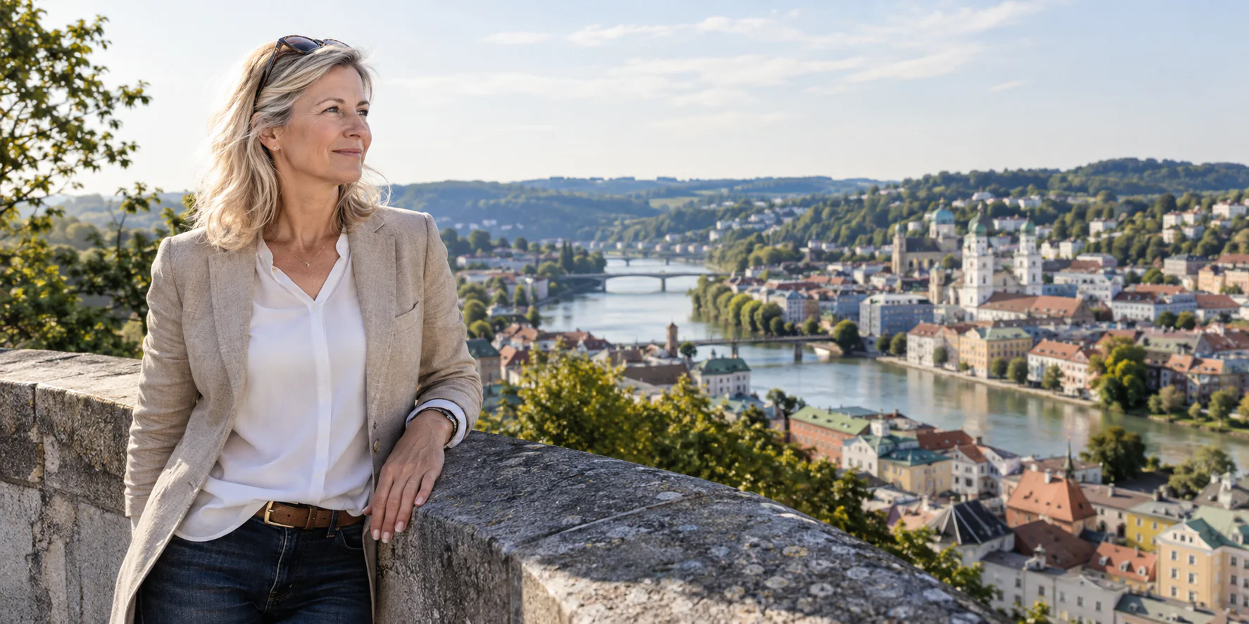 Berufserfahrene Frau mit Blick auf Passauer Wohnviertel